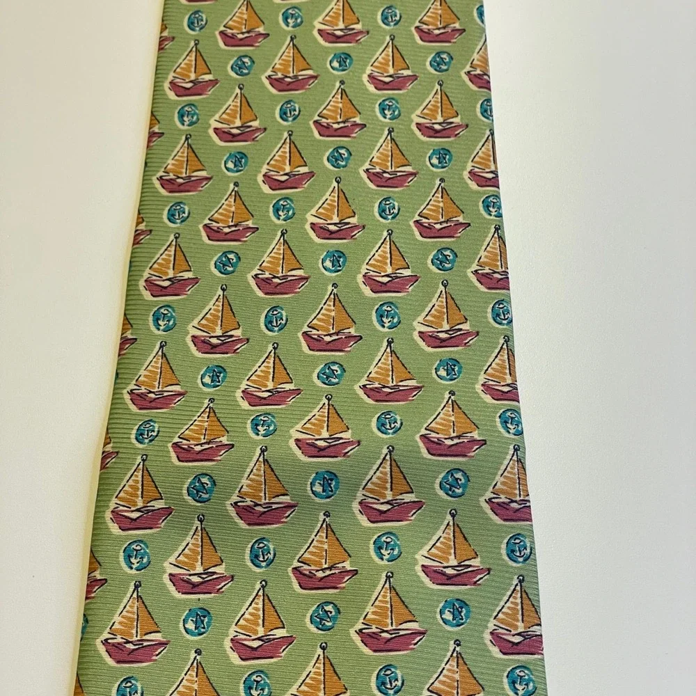 Banana Republic Sail Boat Necktie Mens Green Orange Italian Silk 58